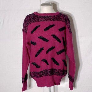 Vintage Franco Valeri Fuchsia Black Textured Knit Crew Neck Sweater M